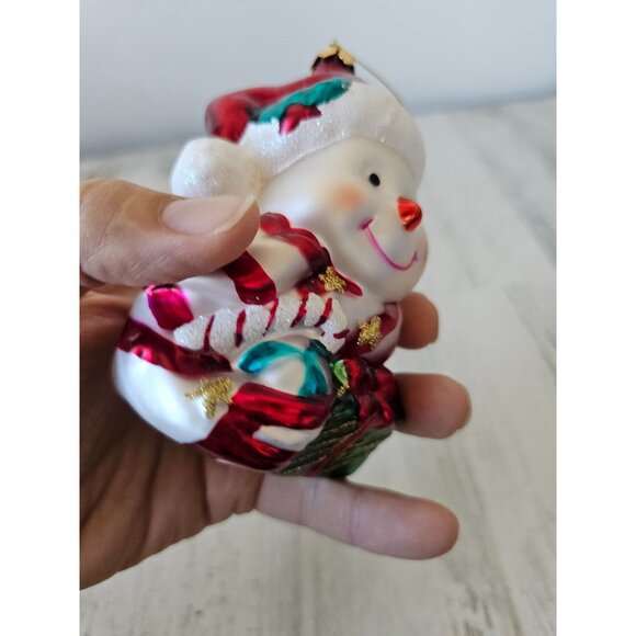 Glass snowman present peppermint red glitter ornament Xmas tree - Picture 9 of 10
